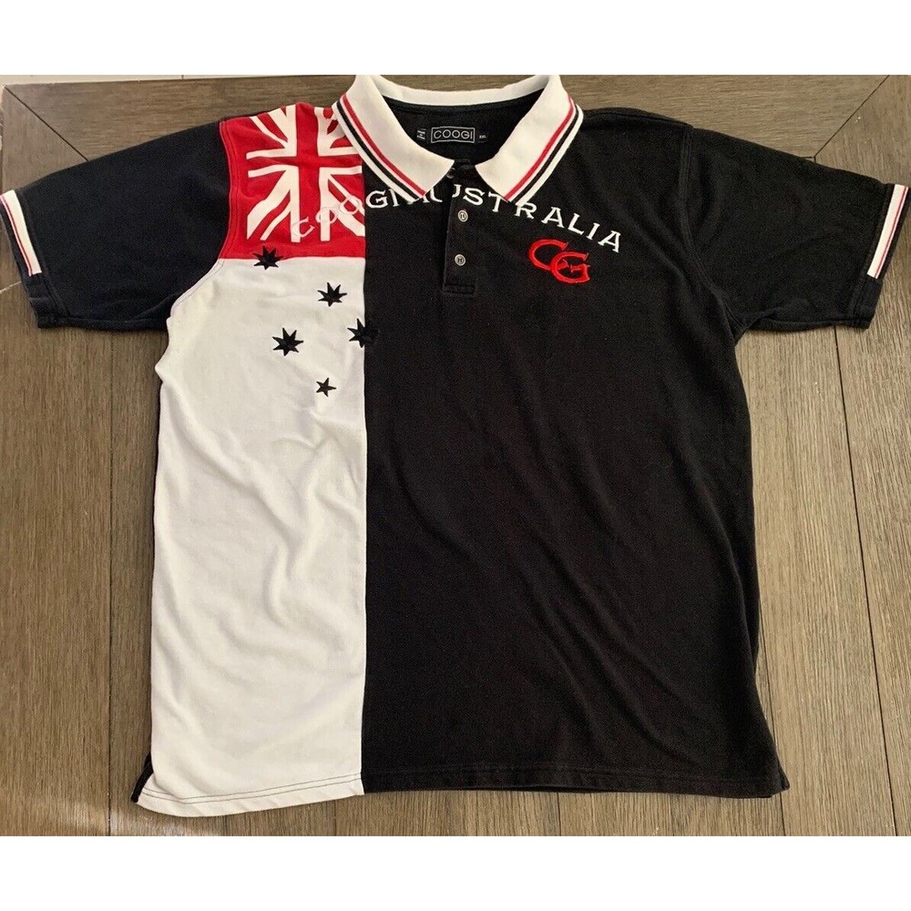 COOGI Australia Flag Embroidered White Polo Shirt Size XXL 24" x 29" EUC